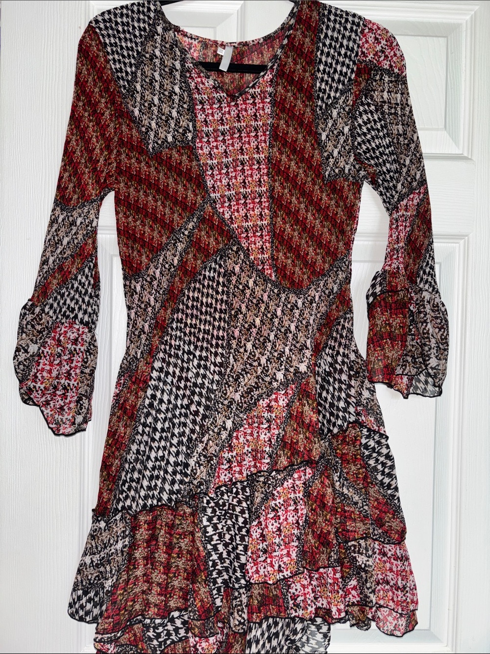 Patchwork Print Long Sleeve Ruffle Dress in Red and Black